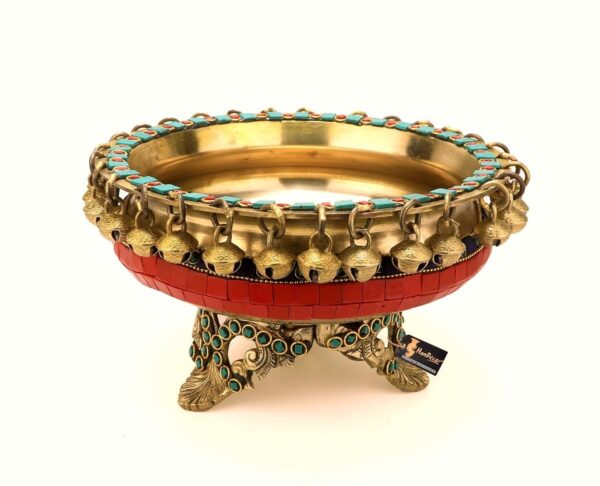 Gemstone Work Brass 8 Inches Urli Bowl on Ethnic Carved Legs for Home Decor, Mat | eBay - Image 3