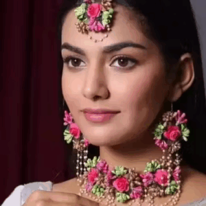Handmade artificial flower Jewelery Mangtika with earrings Flower jewellery set | eBay