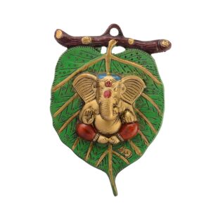 Metal Golden Lord Ganesha In Red Dhoti On Green Leaf Ganesha Wall Hanging | Deco | eBay