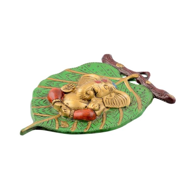 Metal Golden Lord Ganesha In Red Dhoti On Green Leaf Ganesha Wall Hanging | Deco | eBay - Image 2