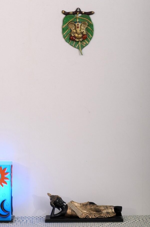 Metal Golden Lord Ganesha In Red Dhoti On Green Leaf Ganesha Wall Hanging | Deco | eBay - Image 3