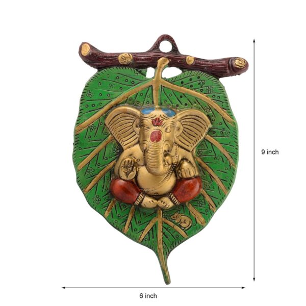 Metal Golden Lord Ganesha In Red Dhoti On Green Leaf Ganesha Wall Hanging | Deco | eBay - Image 4