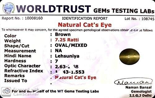 Certified Unheated Untreatet 7.25 Ratti 6.72 Carat A+ Quality Natural Cat Eyes L | eBay - الصورة 2