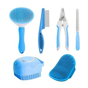 Poojavi 5-in-1 Pet Grooming Tool Combo | Flea Comb, Auto Slicker, Nail Cutter, Shampoo Brush & Palm Glove | All-in-One Grooming Kit for Dogs & Cats | Bathing, Shedding & Nail Trimming (Multicolor)