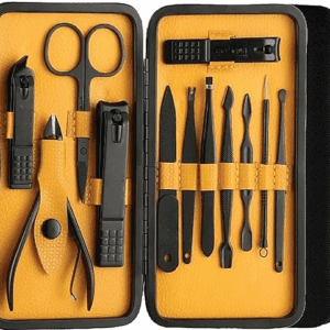 Poojavi Manicure Set Nail Clippers, Stainless Steel Nail Scissors Grooming Kit, Acne needle, Blackhead Tool Leather Travel Case (Yellow)
