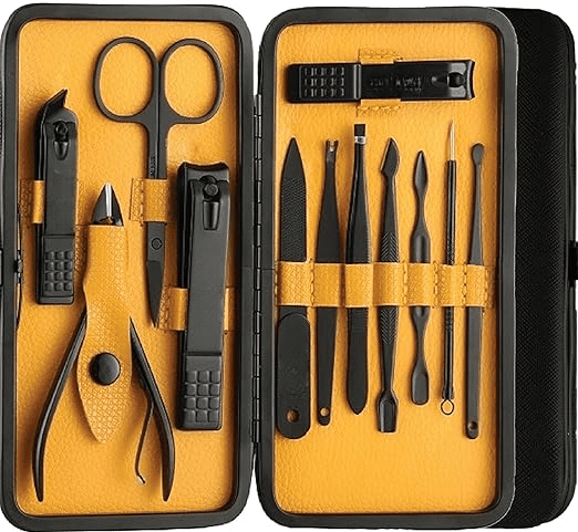 Poojavi Manicure Set Nail Clippers, Stainless Steel Nail Scissors Grooming Kit, Acne needle, Blackhead Tool Leather Travel Case (Yellow)