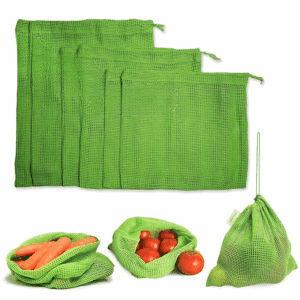 Cotton Set of 6 Fridge Drawstring Bags | Eco-Friendly Natural Vegetables Storage Mesh Net for Fridge | Multi-Purpose Cotton Mesh Bag (Neem Green)