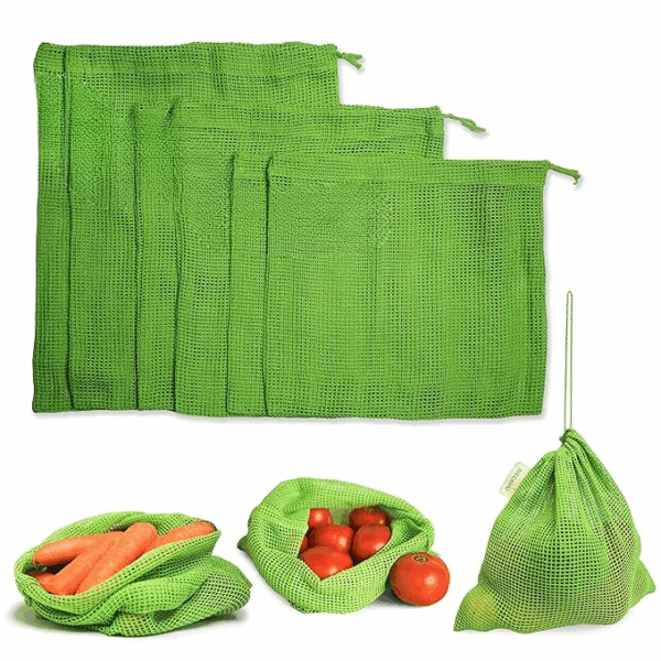 Cotton Set of 6 Fridge Drawstring Bags | Eco-Friendly Natural Vegetables Storage Mesh Net for Fridge | Multi-Purpose Cotton Mesh Bag (Neem Green)