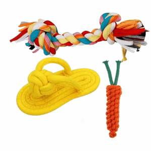 Poojavi Puppies 3-in-1 Cotton Rope Chew Toy Combo for Small Dogs & Puppies | Durable, Safe Braided Rope Toys for Teething, Playing, Fetching & Training (2Knot, Carrot and Slipper) (Color May Vary)