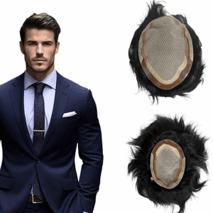 2 Layer Black Rose Hair Patch for Men (Scalp Friendly Series) 100% Remy Human Hair Wig, Durable Hair Toupee Real Looking Hair Replacement System can be used with Hair Patch Glue, Clips or Tape, Size: 10x7, Black