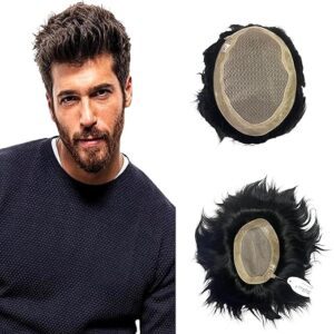 2 Layer PREMIUM MONO Hair Patch for Men, 100% Human Hair Wig, Durable Men's Hair Toupee Can Be Installed with Hair Patch Clips, Glue or Tape (8x6, Natural Dark Brown)