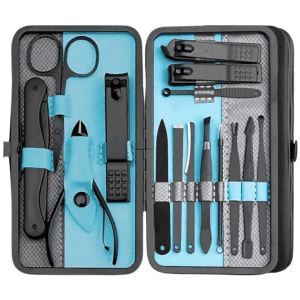 Poojavi Professional Manicure Set 15 pcs,Stainless Steel Nail Clippers Scissors Cuticle Nipper Pedicure Tools Kit - Portable Travel Grooming Kit for Men and Women with Luxurious Case Blue (Blue)