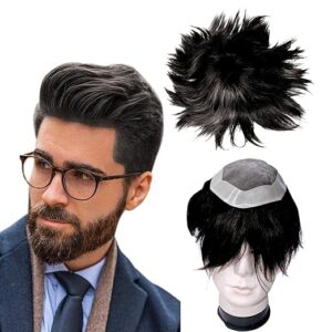 mono Hair Patch for Men, Virgin Human Hair in Black Color, Mono Top with Poly Coating Around Cap, Install with Glue, Clips or Tape, Brush and Clips - 8x6