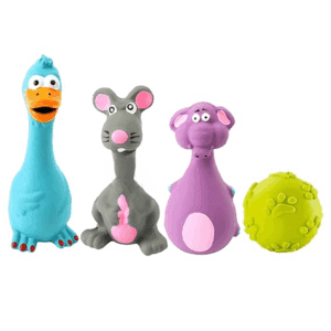 Poojavi Puppies 4-in-1 Combo of Latex Dog Squeaky Toy (Grey Mouse, Blue Duck, Purple Elephant & Claw Ball) for Small Dogs & Puppies | Animal Design Chew Toy for Teething, Chewing, Training and Playing