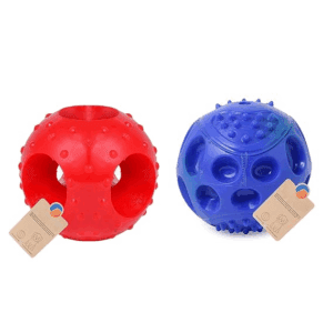 Poojavi Tails Dog Ball Combo, Hard Squeaky Rubber Ball + Hole Ball Toys for Dogs, Squeaky Chew Toys for Dogs (Blue/Green/Orange)
