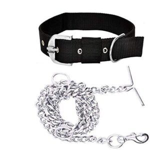 Poojavi Combo Dog Belt - 1 inch Nylon Collar with Heavy Dog Chain 63 Inch Lengthy Dog Collar Chain Adjustable (Collar Neck Size 16-20 Inch) (Black)