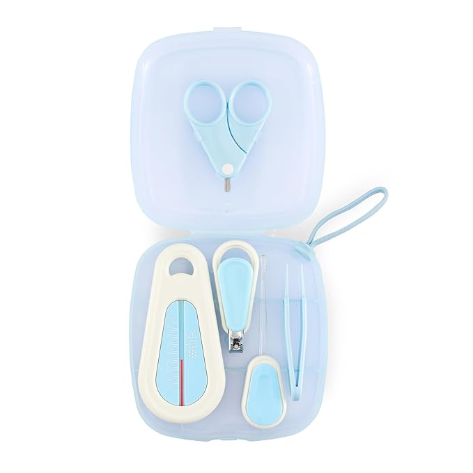 Poojavi 6pcs Baby Nail Care Set | Baby Nail Cutter, Scissors, File, Nose Tweezers, Ear Pick & Bath Thermometer | New Born Grooming Kit and Clipper Set for Newborns, Infants & Toddlers, Blue 0m+