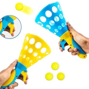 Click and Catch Twin Ball Launcher Game with 3 Balls Indoor Outdoor Toy Set, Pop & Catch Ball Play Fun Boys & Girls - Multicolor