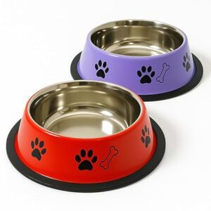 Poojavi Dog Bowl Combo 600 ml Pack of 2 Food Water Feeding Pet Bowl Non-Skid Stainless Steel Round Dog Bowl with Paw Bone Printed Bowl for Dog (Purple and Red)