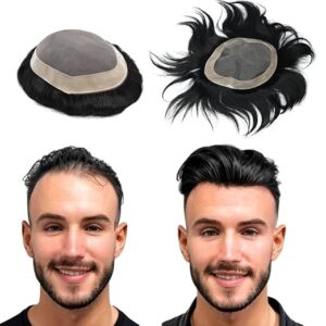 Hair Replacement System Natural Human hair Patch FINE Regular Base with Half PU Strip for Get Feel Real Skin 100% Human Hair Men Wig (9X6)