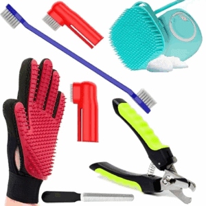 Poojavi Dogs Grooming Kit ? Dog Shampoo Brush 80ml, Nail Cutter, Tooth Brush and Glove for Puppy, Cat and Kitten ? Combo of 4