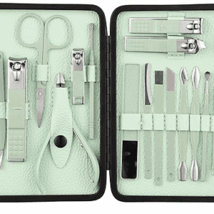Poojavi Nail Cutter Set, 18 Pieces Grooming Kit (Eyebrow Razor, Tweezer, Hair Plucker, Baby Nail Cutter, Ear Cleaner,Nail Cleaner,) Pedicure Gift for Men and Women (Green)
