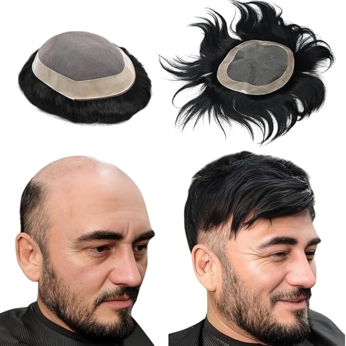 Natural Human hair Patch FINE Regular Base with Half PU Strip for Get Feel Real Skin 100% Human Hair Men Wig Hair Replacement System Real Hair (8X5)