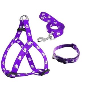 Poojavi Pet Paw Print Nylon Puppy Harness + Leash and Collar Set for Small & Medium Dogs (Purple)