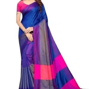Women's Silk Cotton Saree with Tassels, Blue and Pink Ombre Pattern,