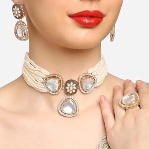 Poojavi Gold Tone Dazzling Stones & Austrian Diamonds Choker Necklace Earring & Ring Set For Women
