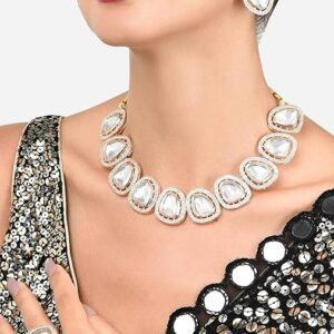 Poojavi Gold Tone Dazzling Kundan & Austrian Diamonds Necklace Earring & Ring Set For Women