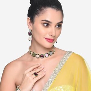 Poojavi  Multi Colour Multistrand Beaded Cluster Choker Necklace Earring Ring & Bracelet Set For Women