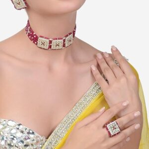 Poojavi Dark Pink Dazzling Crsytal Multistrand Beaded Kundan Choker Necklace Earring & Ring Set For Women