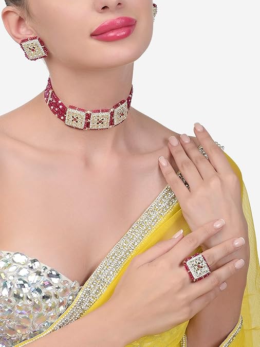 Poojavi Dark Pink Dazzling Crsytal Multistrand Beaded Kundan Choker Necklace Earring & Ring Set For Women