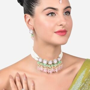 Poojavi Green Pink Cluster Multistrand Necklace Earring Ring Maangtikka Set For Women