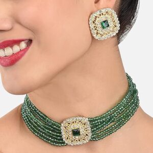 Poojavi Green Multistrand Crystal Beads Choker Necklace & Earring Set For Women