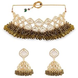 Poojavi Mehndi Green Cluster Beads Dazzling Austrian Diamonds Stones Choker Necklace & Earring Set For Women