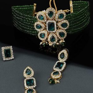 Poojavi  Green Multistrand Ethnic Choker Necklace Earring & Ring Set For Women