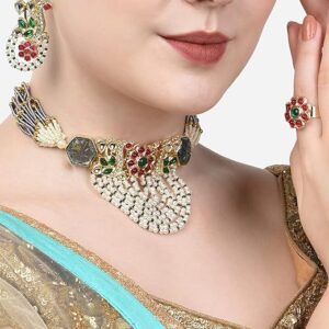 Poojavi Multicolor Kundan & Beads Peacock Inspired Choker Necklace Earring & Ring Set For Women