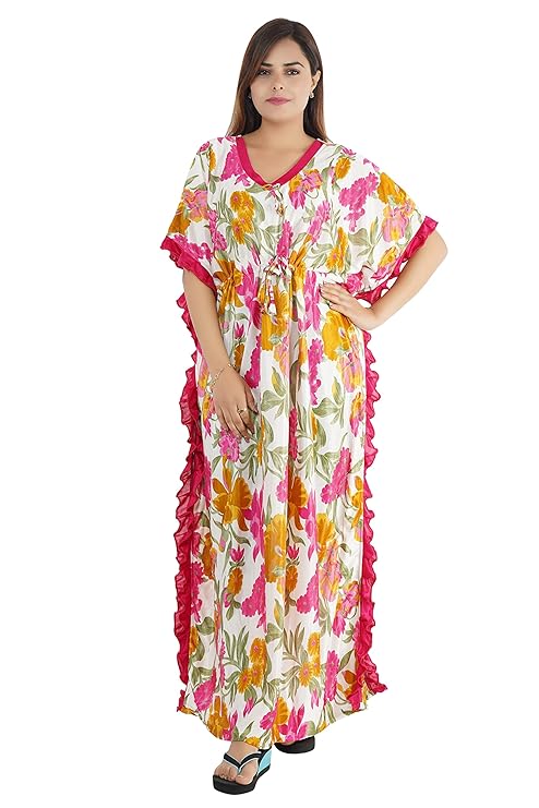 Poojavi Women's Satin Floral Kaftan Nighty Maxi GownWomen's Satin Floral Kaftan Nighty Maxi Gown