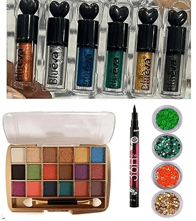Poojavi combo New Eyeliner 06 Color + Eyeshadow kit 18 color + Eye Shadow powder + waterproof Liquid Eyeliner (code- 1000)