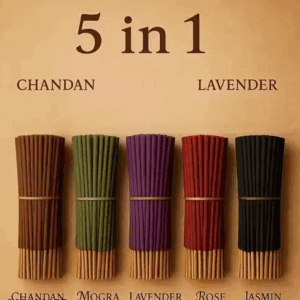 Poojavi Premium Fragrance Incense Combo Pack ? 5 in 1 (80g x 5 = 400g Total) Chandan, Mogra, Lavender, Rose, and Jasmine ? perfect for daily pooja, meditation, or to refresh your surroundings.
