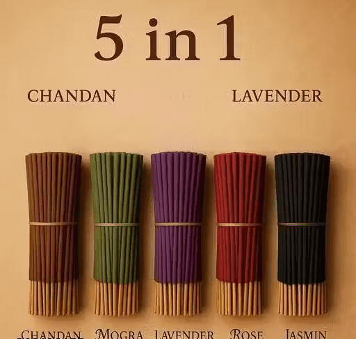 Poojavi Premium Fragrance Incense Combo Pack ? 5 in 1 (80g x 5 = 400g Total) Chandan, Mogra, Lavender, Rose, and Jasmine ? perfect for daily pooja, meditation, or to refresh your surroundings.
