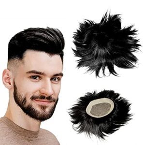 Human Hair Patches Hair Wig Hair Toupee with PU Poly Skin Coating for Men 9x7 Inch Black With Brush Tape Clips