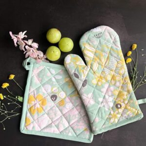Home Organic Cotton Flower Print Oven Mitt and Pot Holder (Green Flower GPH)
