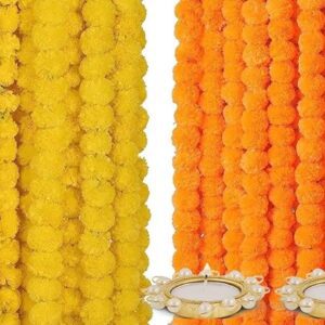 Indian Made in Bharat Artificial Marigold Flowers for Decoration Garland 400gsm Each for Diwali & Festivals | 5 Feet Long 10 Pcs with 2 Diya (Orange+ Yellow) (5 Yellow+5 Orange merigold)