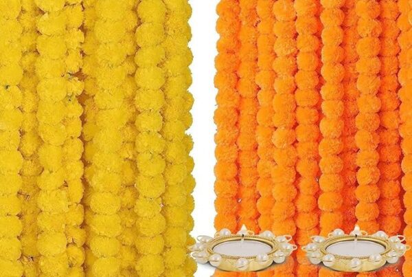 Indian Made in Bharat Artificial Marigold Flowers for Decoration Garland 400gsm Each for Diwali & Festivals | 5 Feet Long 10 Pcs with 2 Diya (Orange+ Yellow) (5 Yellow+5 Orange merigold)
