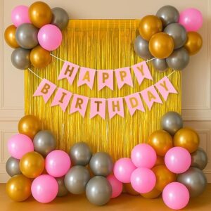 Birthday Decoration Kit ? 37 Pcs Happy Birthday Decoration Kit for Boys, Girls & Husband, birthday Balloon Decoration Set with Pink, Silver & Golden Balloons