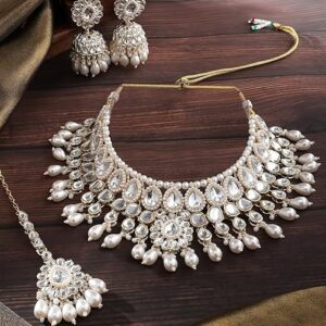Poojavi Gold Tone Kundan Artificial Stones & Beads Bridal Necklace Earring & Maangtikka Set For Women