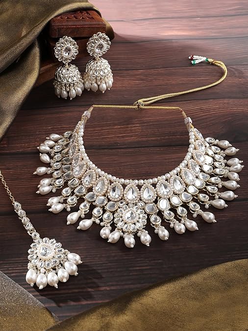 Poojavi Gold Tone Kundan Artificial Stones & Beads Bridal Necklace Earring & Maangtikka Set For Women